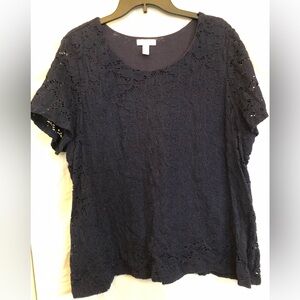2X Charter Club Lace Overlay Short Sleeve Top - Navy
